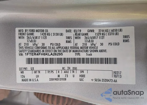 2019 Ford Ranger Xlt z USA, uszkodzony, nr VIN 1FTER4FH6KLA26295